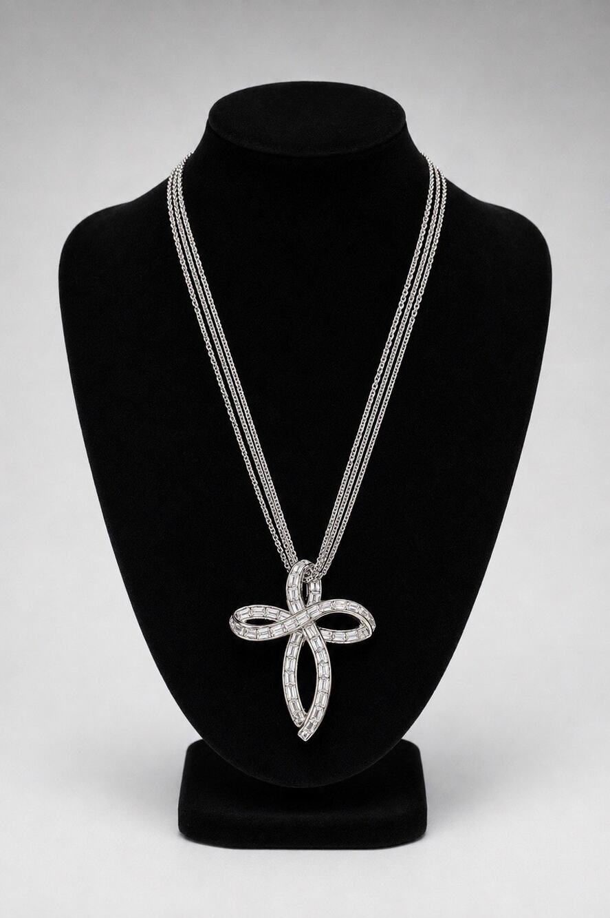 Vintage Nolan Miller Baguette Rhinestone Cross Pendant Triple Strand Necklace